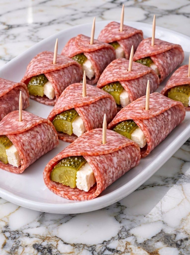Si vous cherchez une bouchée apéritive qui disparaît presque aussitôt posée sur la table, ces bouchées au salami et aux cornichons sont parfaites ! Elles sont salées, acidulées, crémeuses, croquantes et incroyablement faciles à préparer. J’adore ce genre de recette, car elle ne vous oblige pas à passer la moitié de la journée en cuisine. Pas de techniques complexes, pas d’équipement coûteux et surtout pas de longue liste d’ingrédients. Juste quelques ingrédients simples transformés en une bouchée irrésistible que tout le monde s’arrachera. Et honnêtement ? L’association du salami, des cornichons et du fromage crémeux est tout sauf banale ! Que ce soit pour un apéro devant un match, un plateau festif, un pique-nique ou une réception décontractée, ces petites bouchées font toujours l’unanimité. Vous voulez recevoir des recettes faciles comme celle-ci directement dans votre boîte mail ? Abonnez-vous pour ne manquer aucune délicieuse recette ! Pourquoi vous allez adorer ces bouchées au salami et aux cornichons…